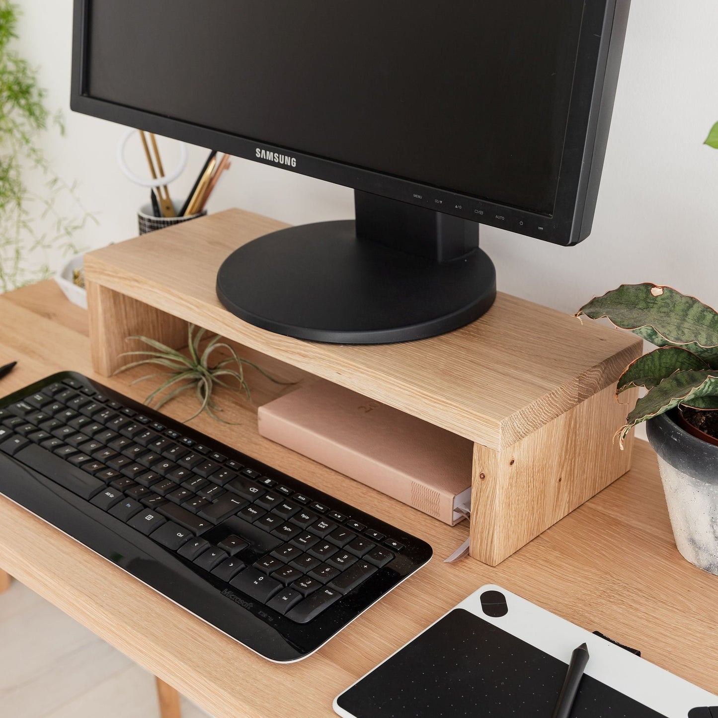 Solid Oak Hardwood Desk Monitor Stand Modern Office Table