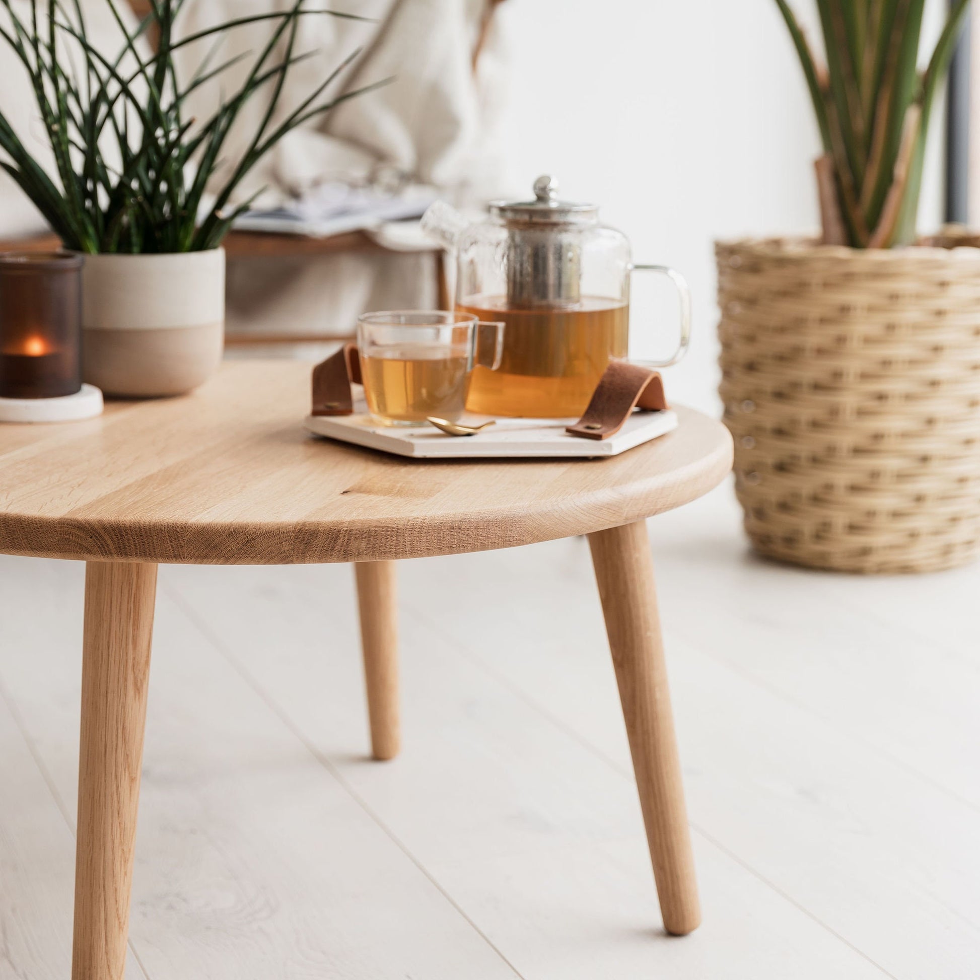 Round Oak Coffee Table. Solid Oak Hardwood Side Table. Mid Century Hand Made To Order In The UK. Modern Nordic Scandinavian Furniture