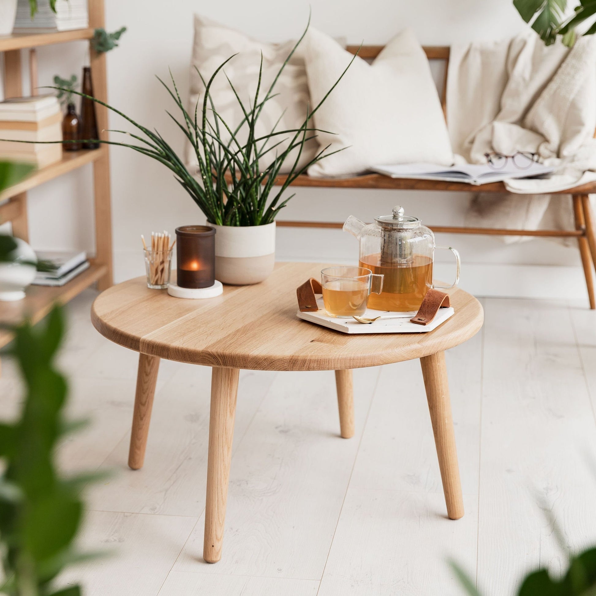Round Oak Coffee Table. Solid Oak Hardwood Side Table. Mid Century Hand Made To Order In The UK. Modern Nordic Scandinavian Furniture