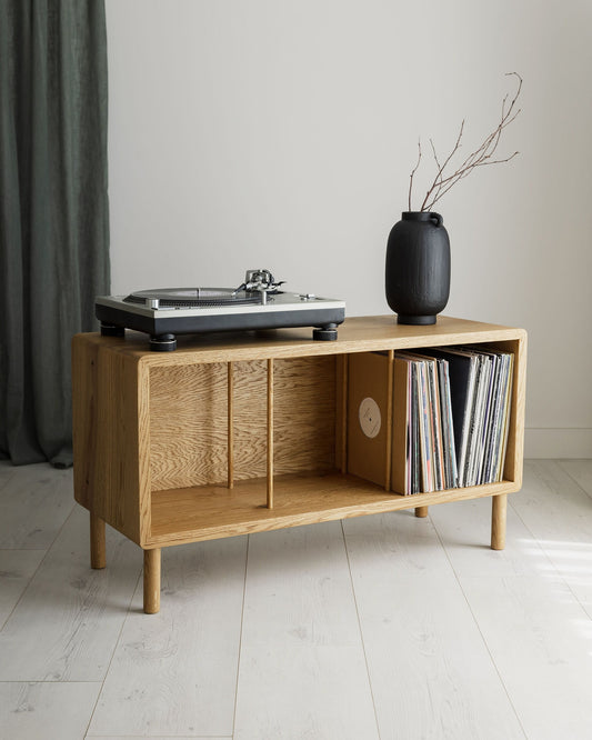 Solid Oak Record Player Stand With Oak Dividers And Rounded Edges