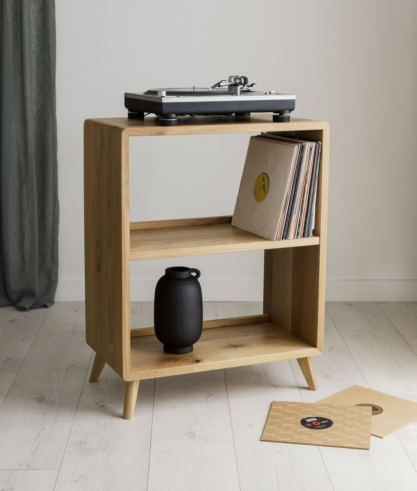 Solid Oak Two Shelf Record Player Stand With Round Profiled Edges