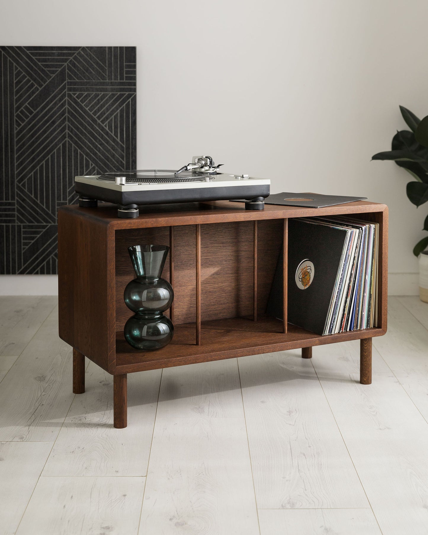 'Claremont' Dark Walnut Stained Solid Oak Record Player Stand With Oak Dividers And Rounded Edges