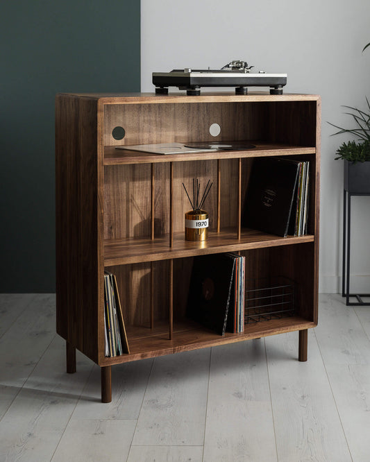 'Ashton' Walnut LP Storage Unit With Hi-Fi Shelf.