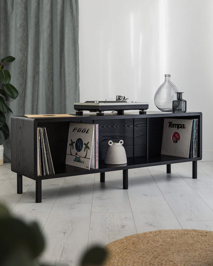 'Claremont' BLACK SPECIAL EDITION Oak Record Player Stand With Vinyl Storage