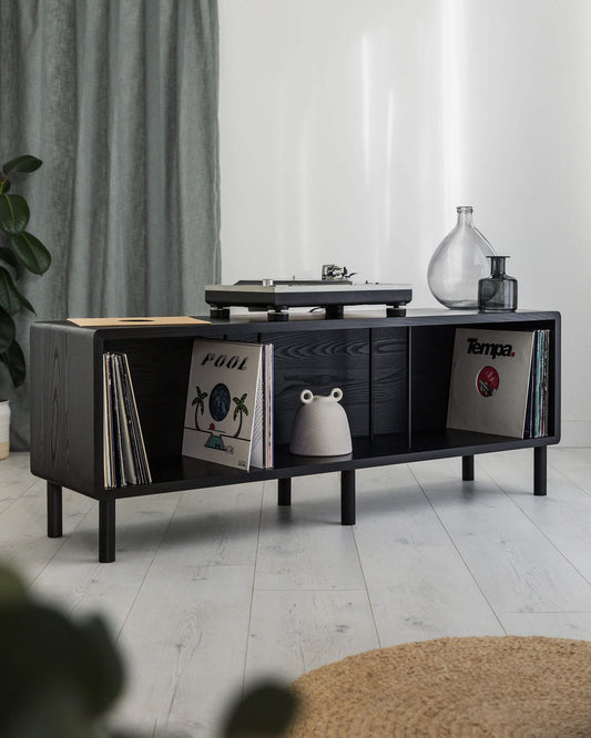 'Claremont' BLACK SPECIAL EDITION Oak Record Player Stand With Vinyl Storage