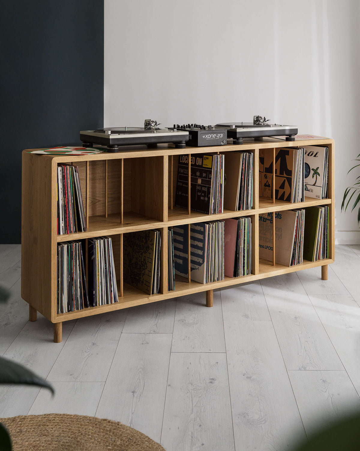 Solid oak DJ booth with vinyl record storage, turntables and wooden legs