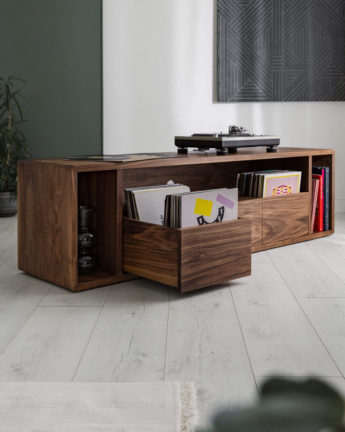 Solid Walnut Record Player Cabinet with Vinyl Drawers – Percival