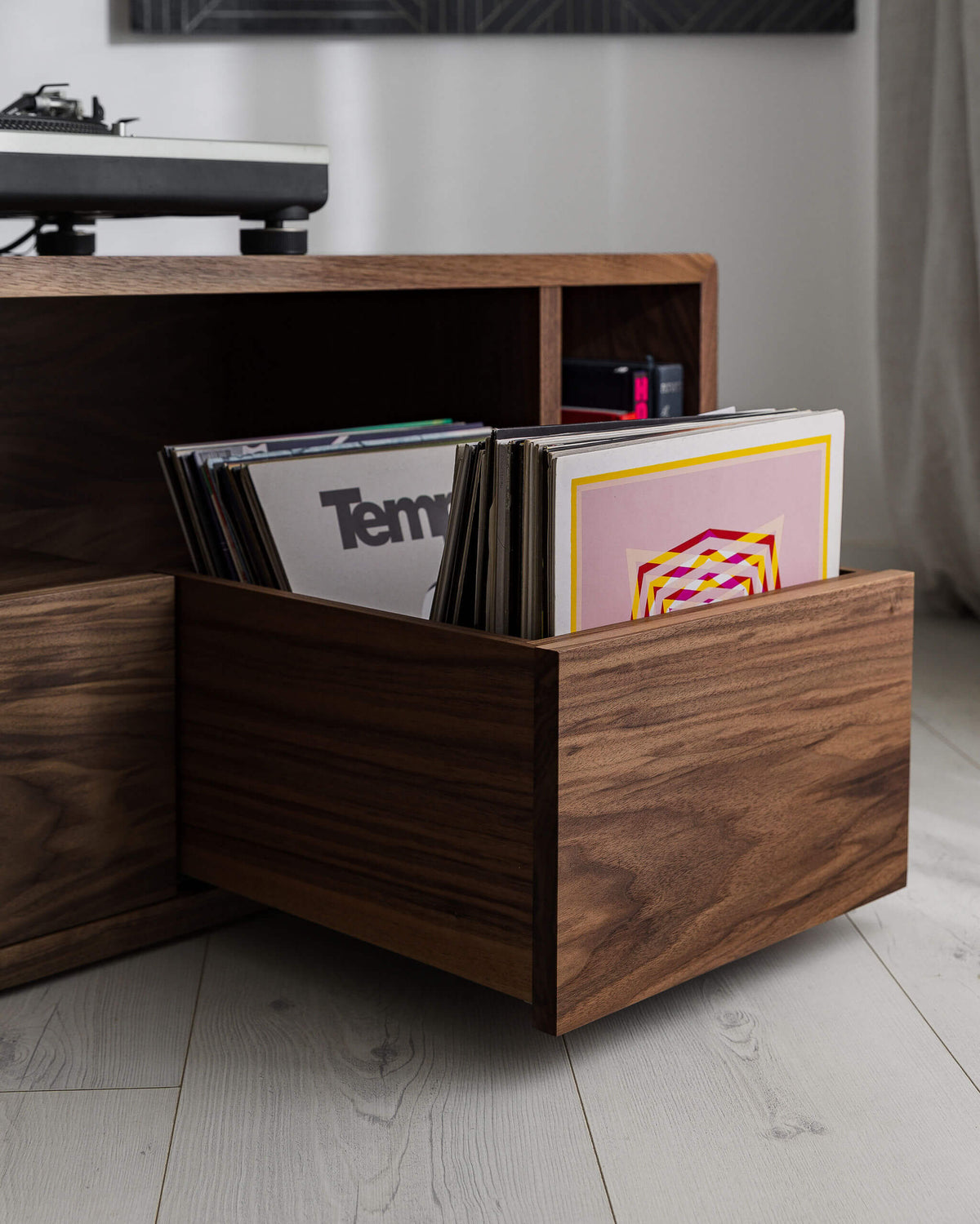 Solid Walnut Record Player Cabinet with Vinyl Drawers – Percival