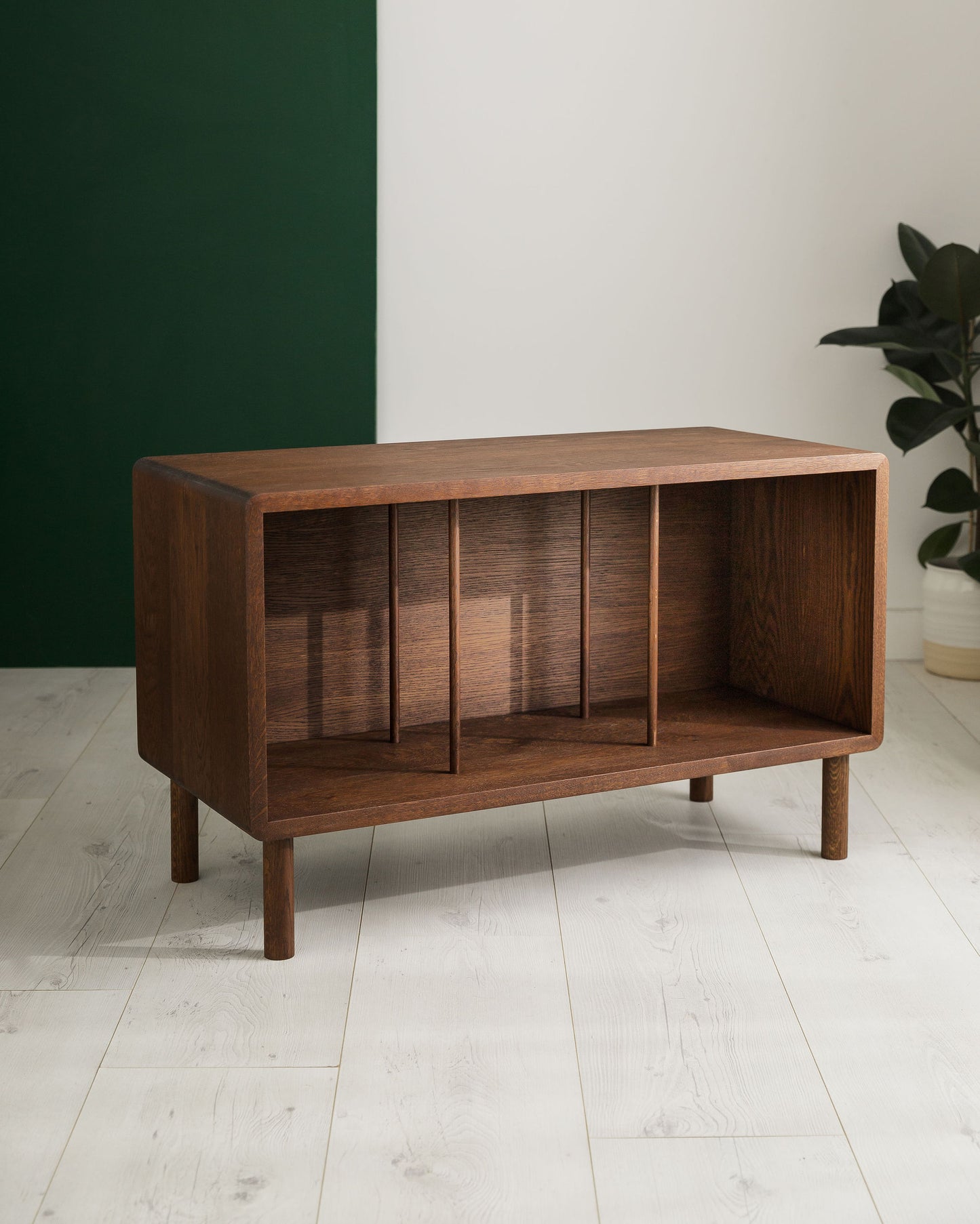 'Claremont' Dark Walnut Stained Solid Oak Record Player Stand With Oak Dividers And Rounded Edges