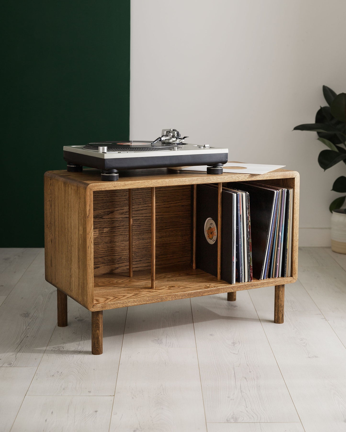 'Claremont' Dark Oak Record Vinyl Storage Unit With Oak Dividers And Rounded Edges