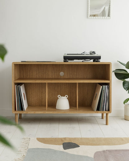 'Claremont SHELF' Solid Oak Record Player Stand With 7" Amp Shelf, Oak Dividers And Rounded Edges