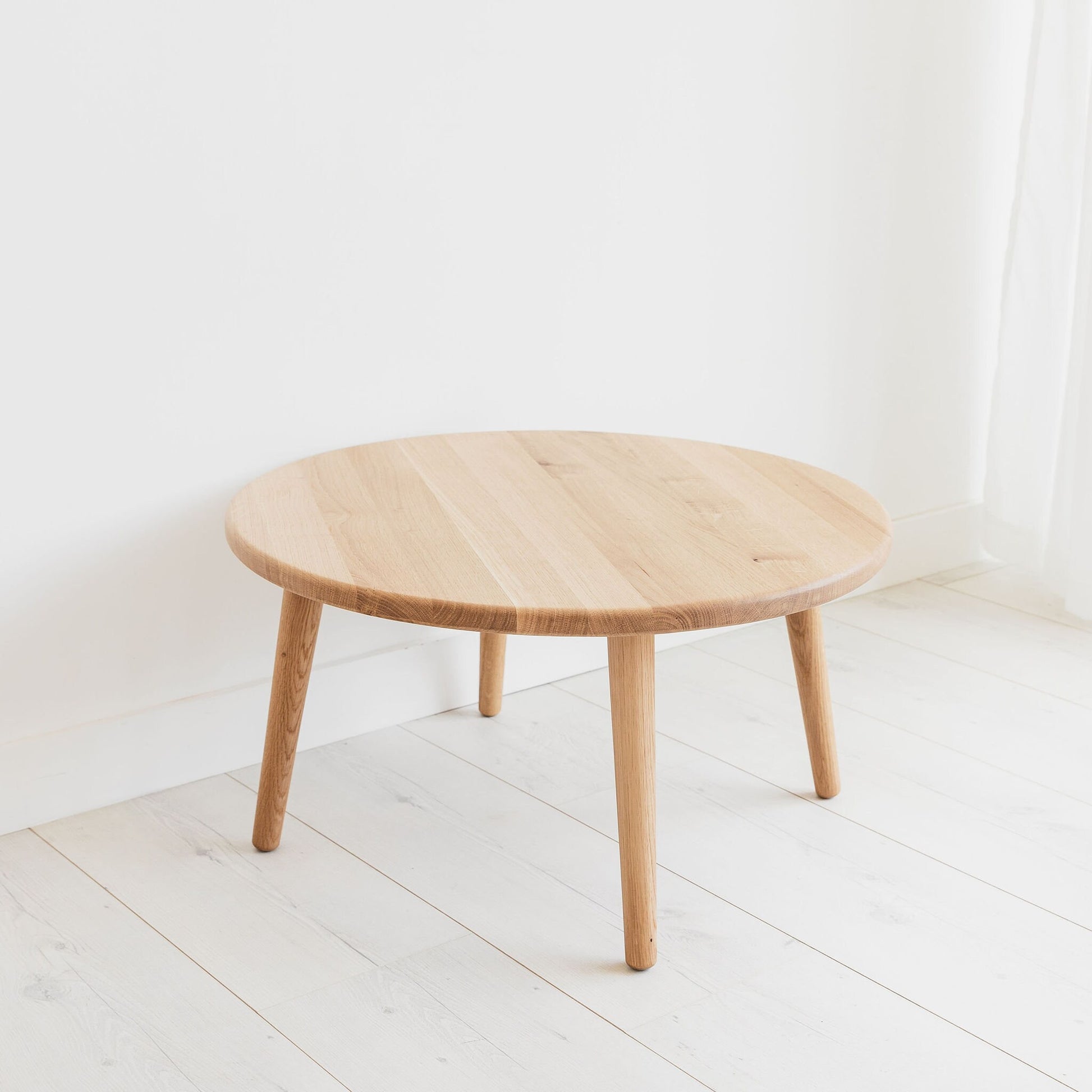 Round Oak Coffee Table. Solid Oak Hardwood Side Table. Mid Century Hand Made To Order In The UK. Modern Nordic Scandinavian Furniture