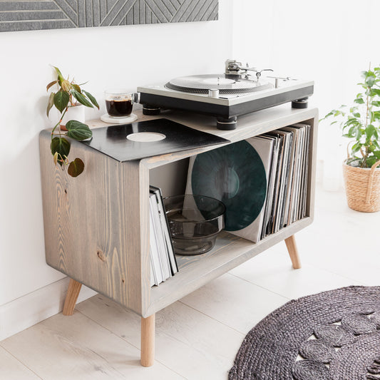 Record Player Stand Or TV Unit Vinyl Turntable Storage Rustic Industrial Oak Leg Solid Sustainable Wood Mid Century Modern Scandi Furniture