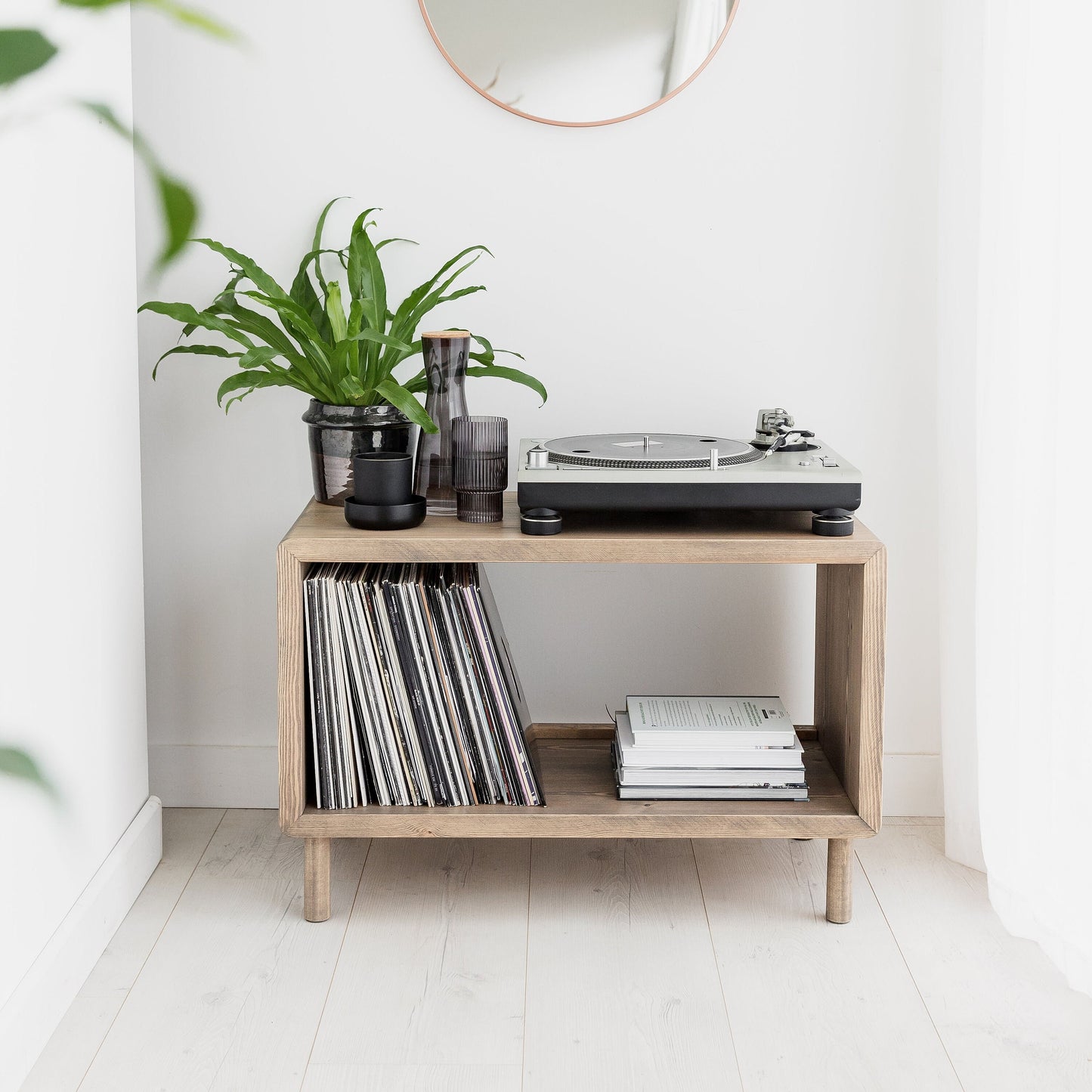 Record Player Stand TV Bench Storage Vinyl Turntable Low Credenza Shelving Rustic Solid Sustainable Wood Mid Century Modern Scandi Furniture