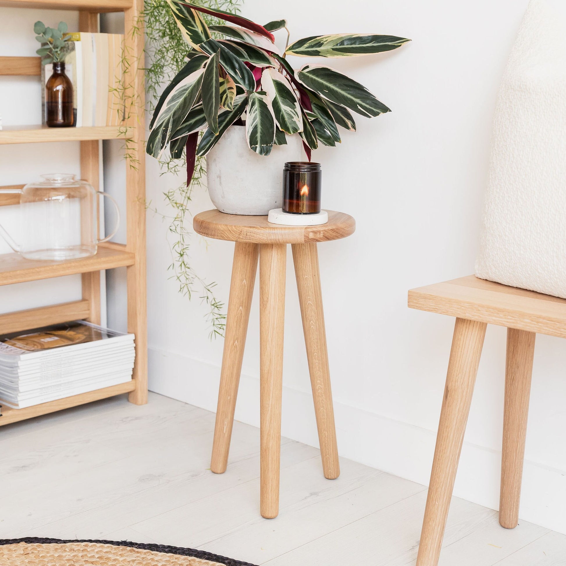 Round Side Table Or Stool Hand Made From Solid Oak Hardwood  Handcrafted in the UK. Mid Century Modern Nordic Scandinavian Furniture